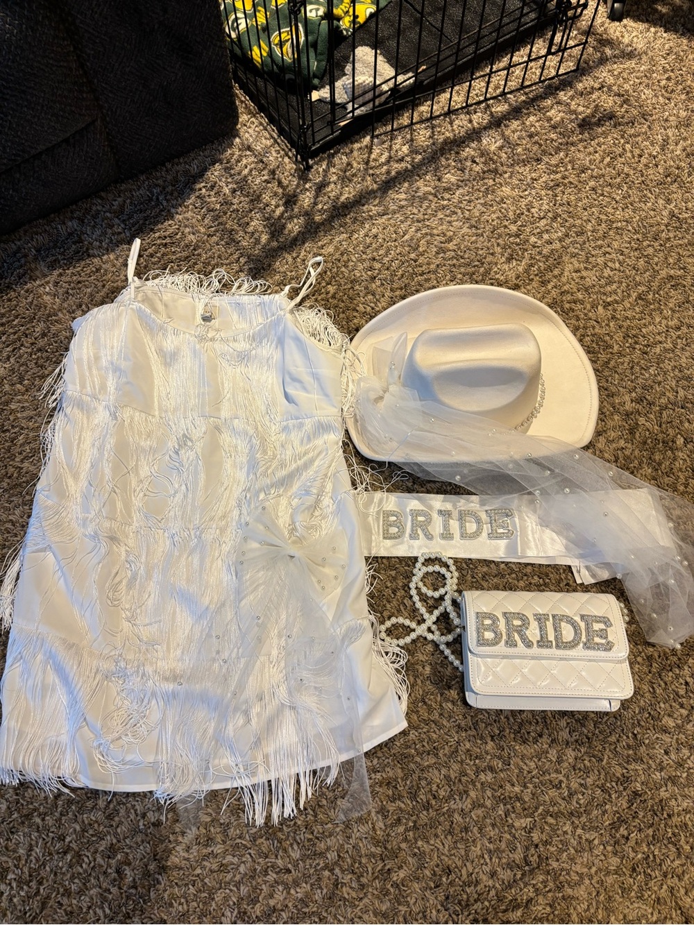 White Bride Dress, Cowboy Hat, Sash, Purse, and Pearl Clip in Hair Bow